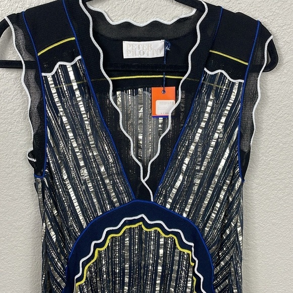 NWT Peter Pilotto Metallic Chiffon Dress Gold Navy Sheer Designer Sz M - Picture 6 of 16